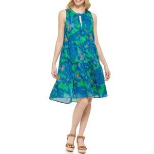 Tommy Hilfiger Gustavia Floral Print Tiered Sleeveless Dress Blue Green